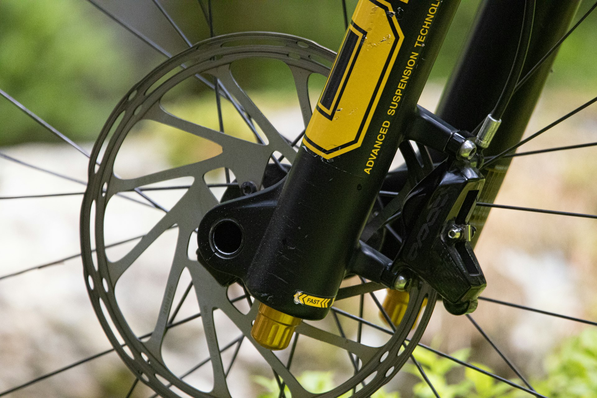 a close up of the front wheel of a bike